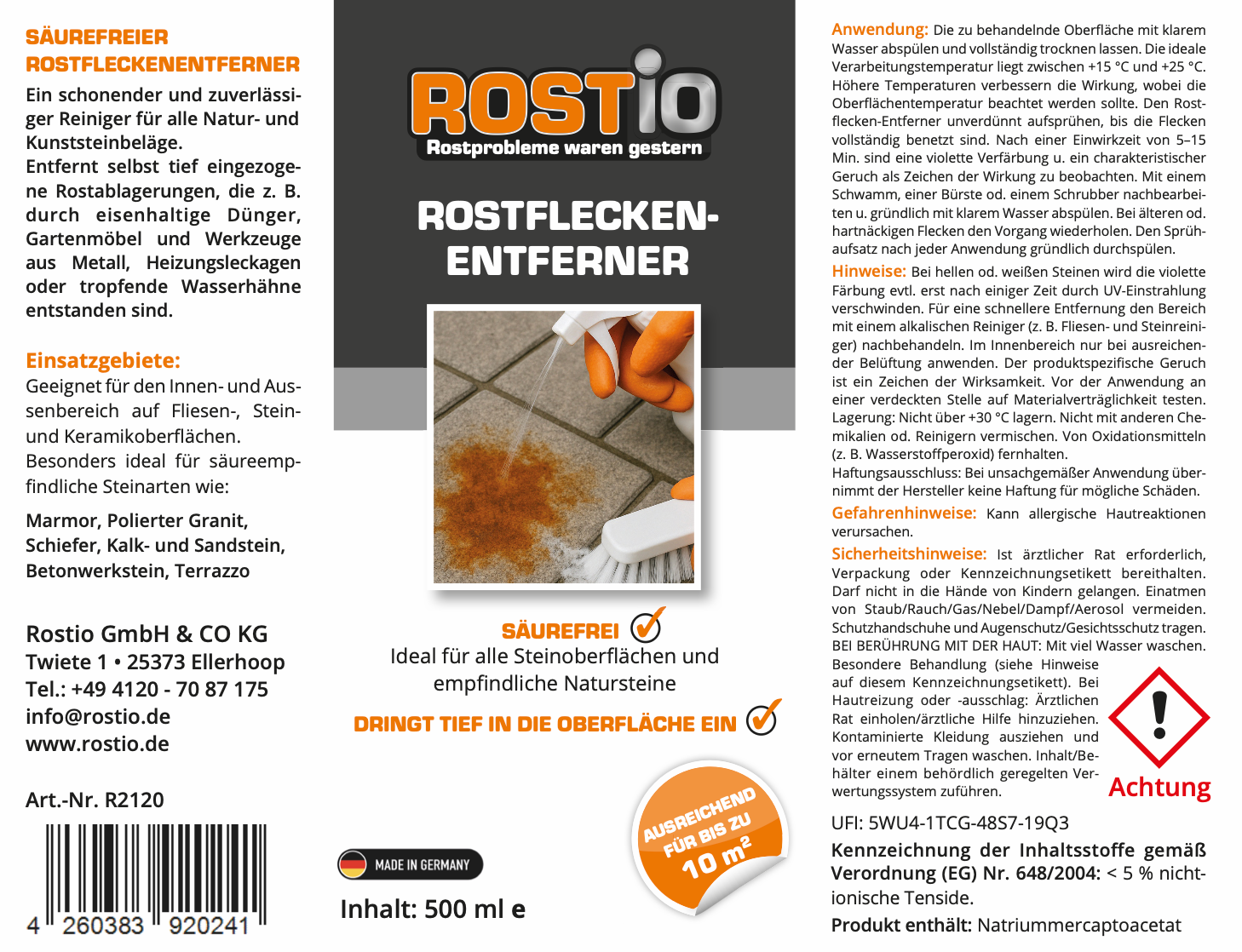 ROSTIO Rostflecken-Entferner Stein Rostentferner säurefrei Rostfleckenentferner_etikett