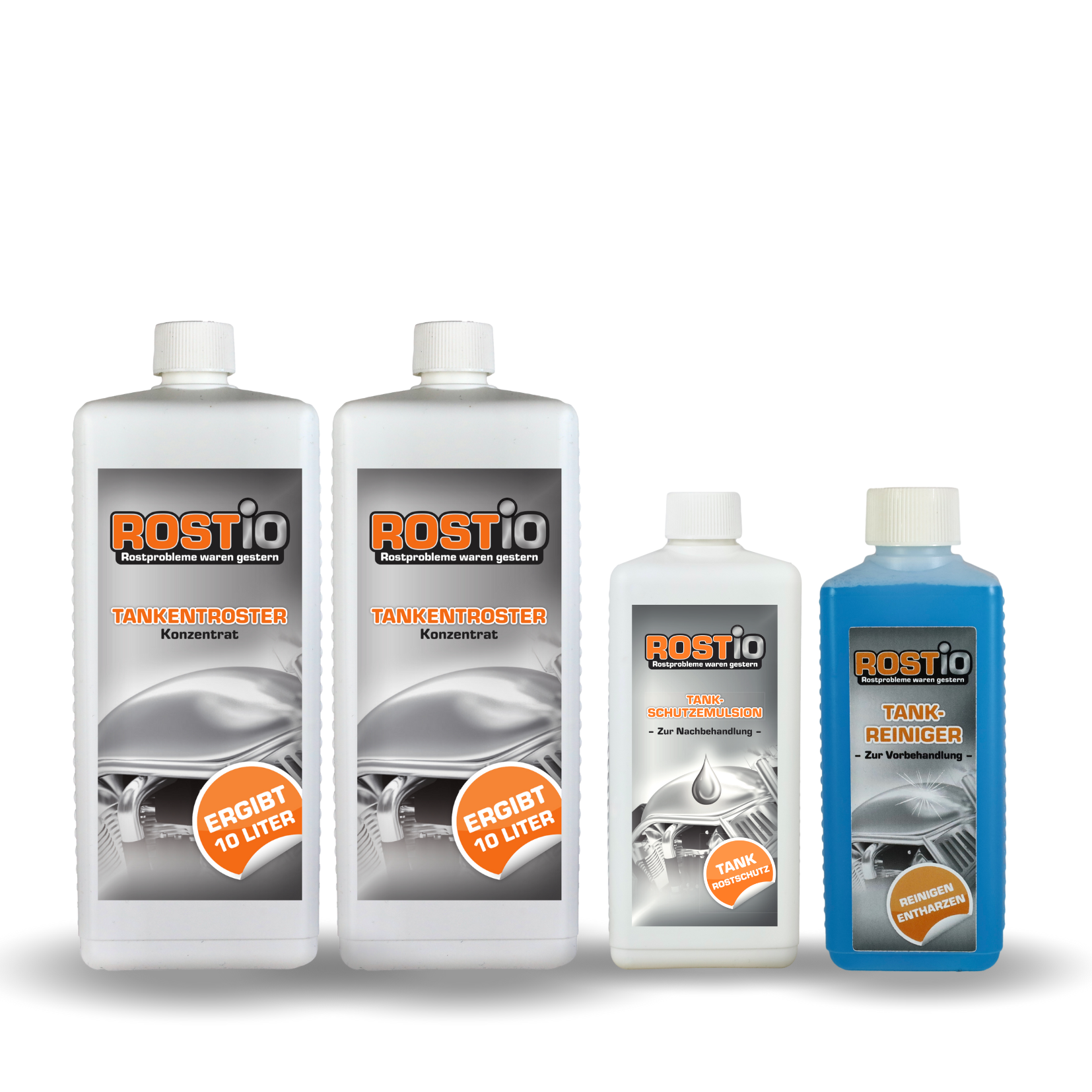 ROSTIO Tankentroster Set - 2x 1 Liter Tank + 500ml Tank-Schutzemulsion + 500ml Tankreiniger 2xtank_schutz_reiniger