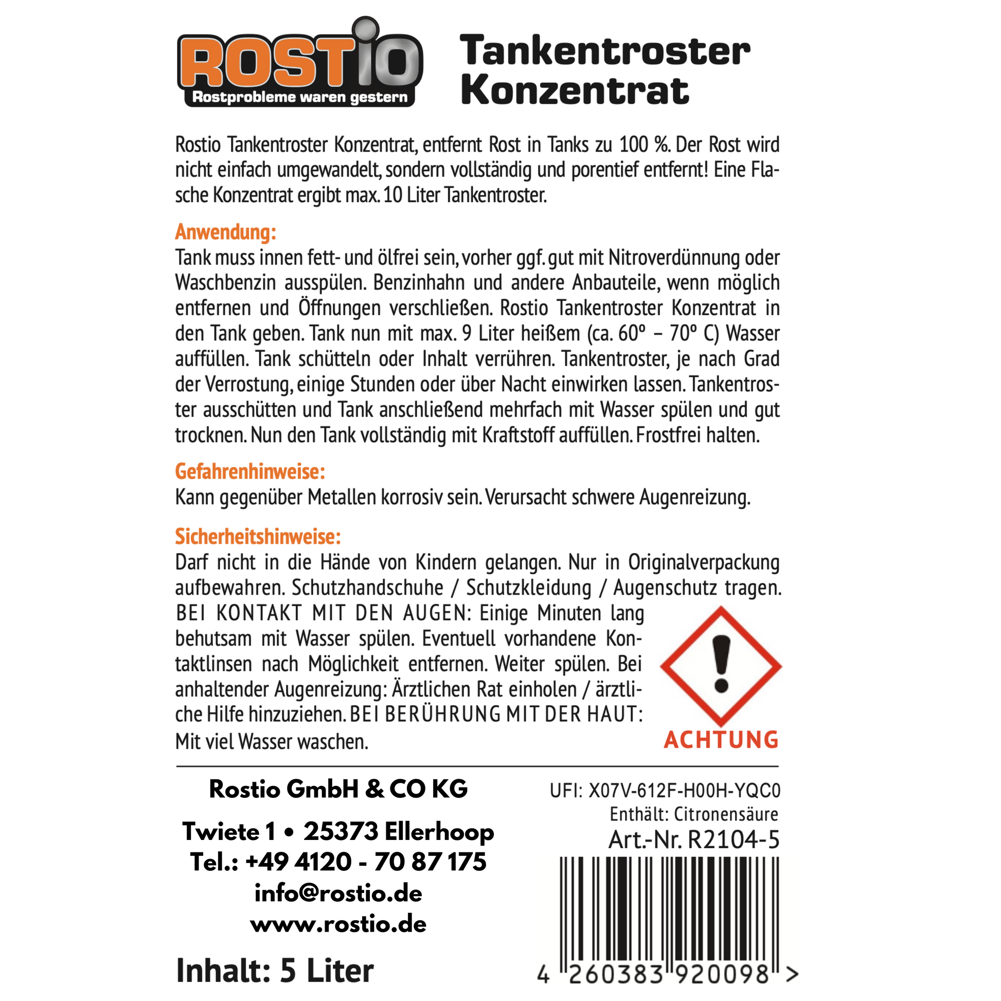 ROSTIO Tankentroster Konzentrat 5 Liter plus 2 x 500 ml Tank - Schutzemulsion Set R2109-5_1