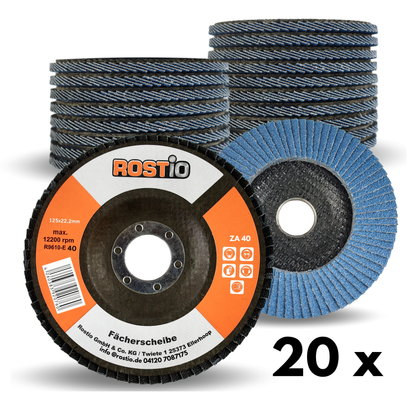 ROSTIO 20x Fächerscheiben 125mm Edelstahl, Inox, Fächer-Schleifscheibe, Zirkonkorund blau für Flex/Winkelschleifer Korn 40 ZA4020x